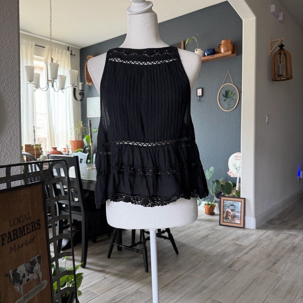Free People Constant Crush Tank Black Cotton Halter Embroidered Boho S Summer